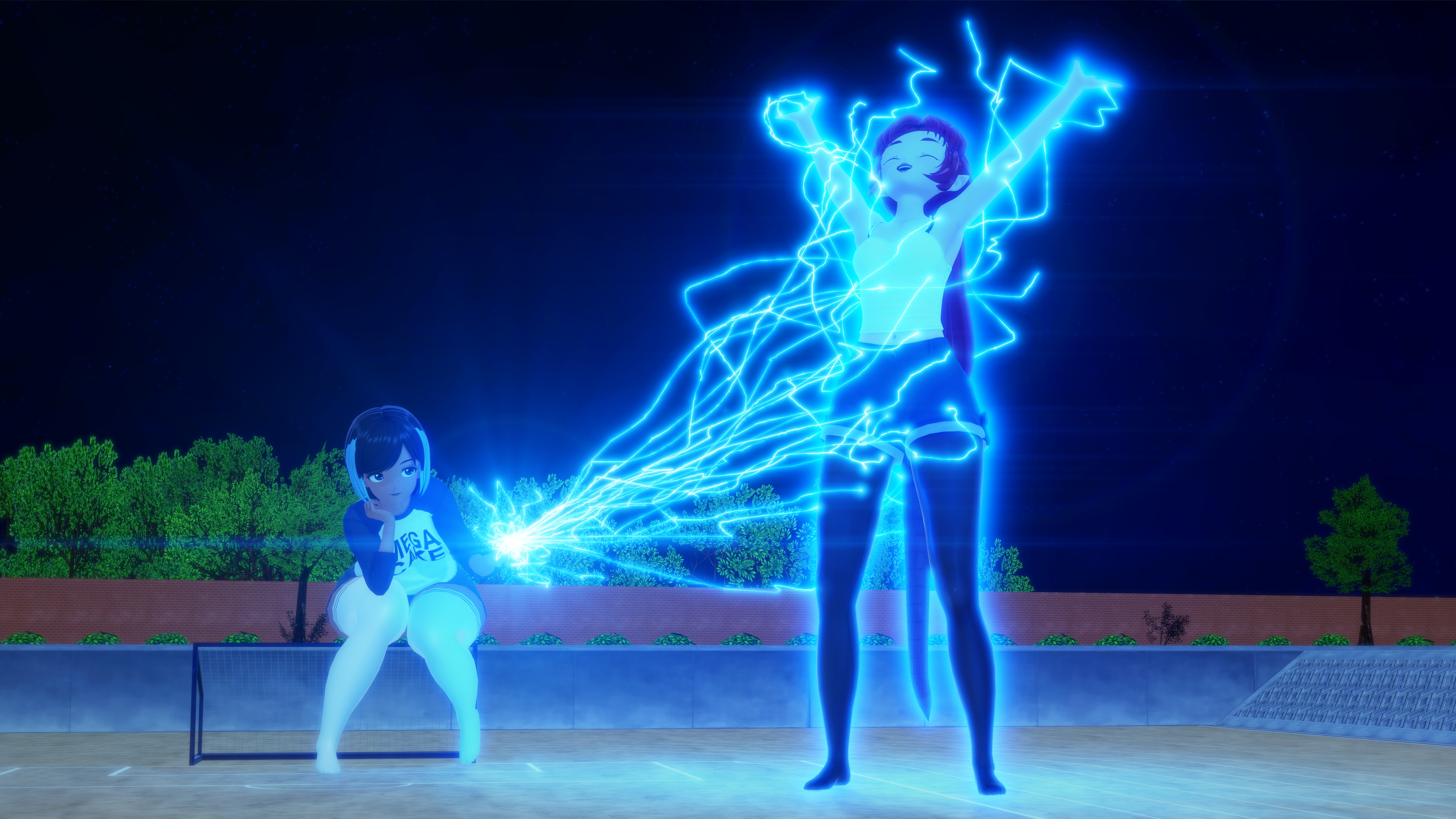 On a soccer field at night, Ale sits atop a net, large enough for her thigh high-clad feet to reach the ground.  Brilliant blue electricity shoots from her casually aimed finger at Sally, bathing and reveling in the pleasurable energy and standing taller than even Ale.  Her arms are spread wide and her face joyous.